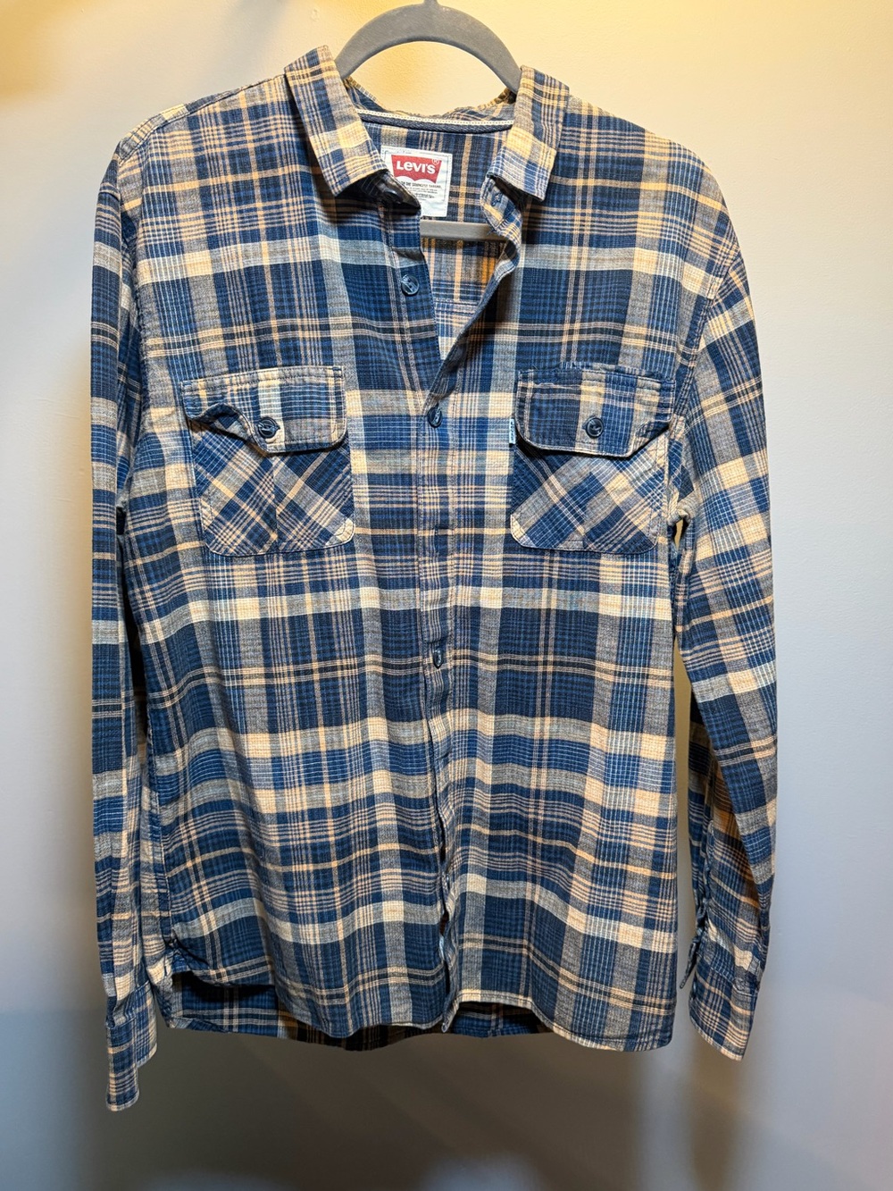 Levi's Men's Blue and Cream Plaid Flannel Shirt